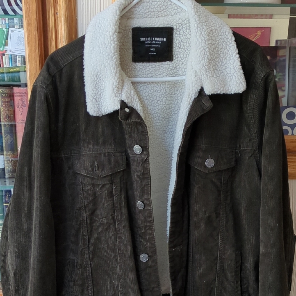 Men's Dark Brown Corduroy Jacket with White Sherpa Collar